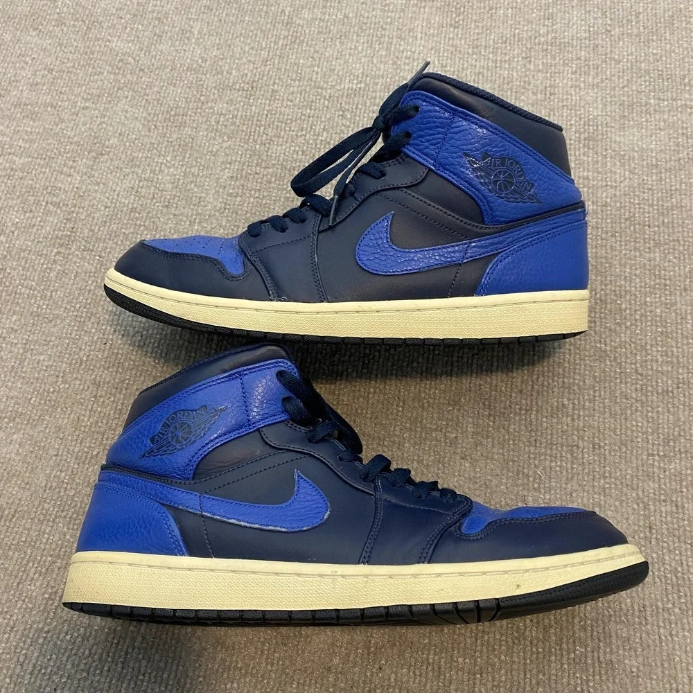 Jordan 1 Mid Shoes Mens Size 11.5‎ Blue Leather Basketball Sneakers 554724-412